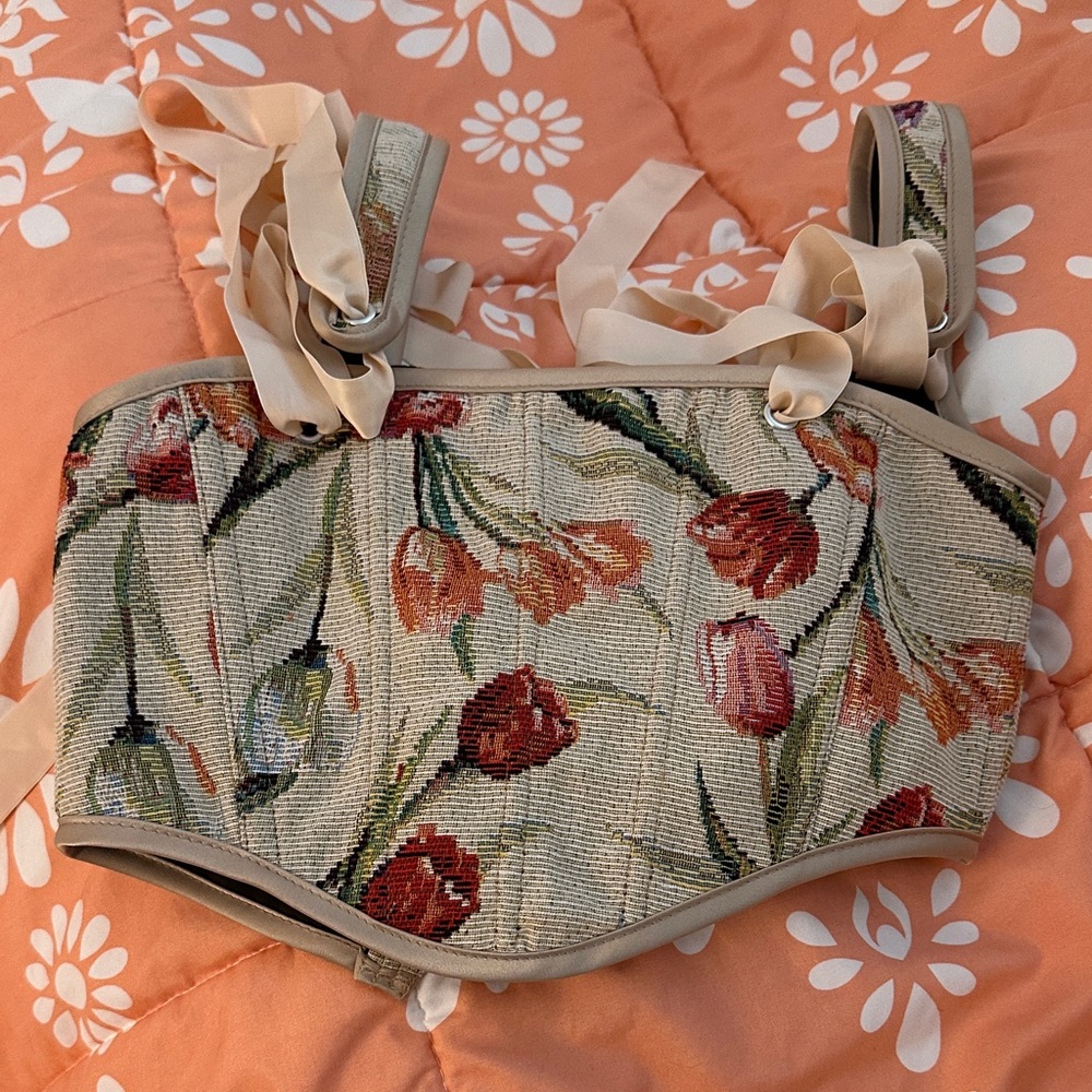 Floral Tapestry Corset Top with Ribbon Straps